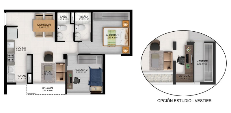 Tipo A-D, Area Total: 50 m2