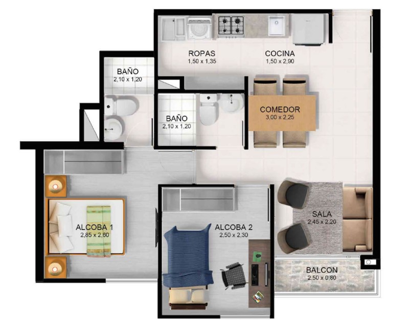 Tipo B-C, Area Total: 54 m2