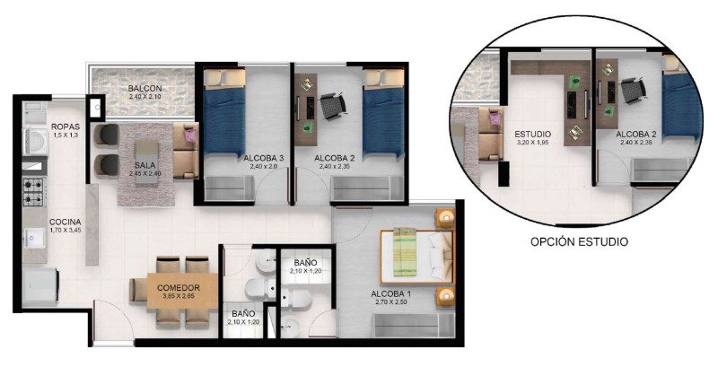 Tipo F-G, Area Total: 62 m2