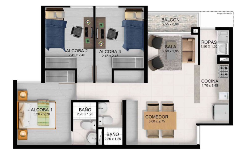 Tipo E-H, Area Total: 72 m2