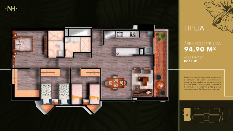 Tipo A, Area Total: 94.90 m2