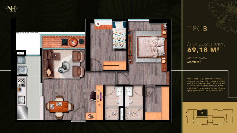 Tipo B, Area Total: 69.18 m2