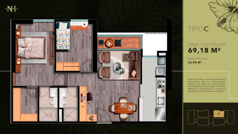 Tipo C, Area Total: 69.18 m2