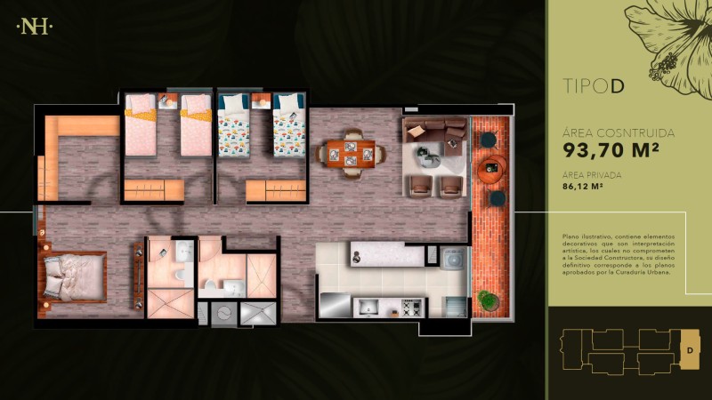 Tipo D, Area Total: 93.70 m2