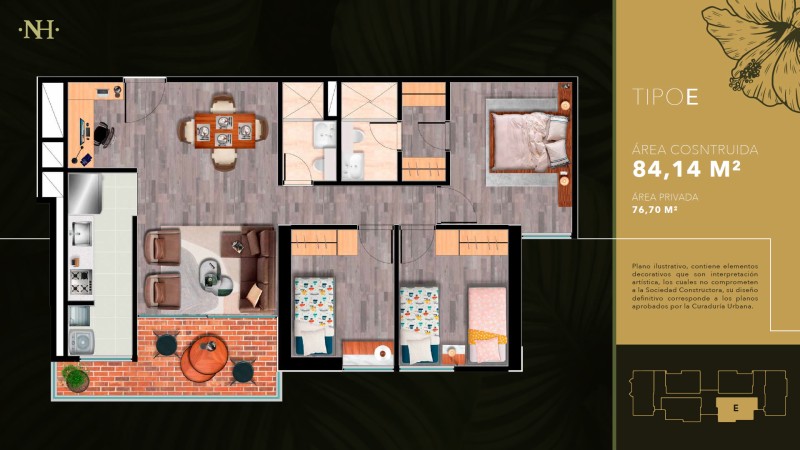 Tipo E, Area Total: 84.14 m2