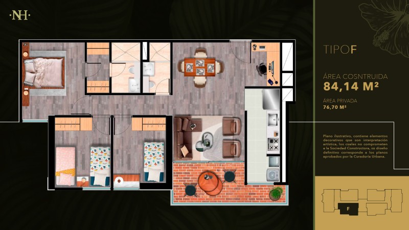 Tipo F, Area Total: 84.14 m2