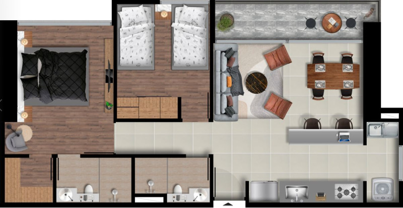 TIPO C - D, Area Total: 60.75 m2