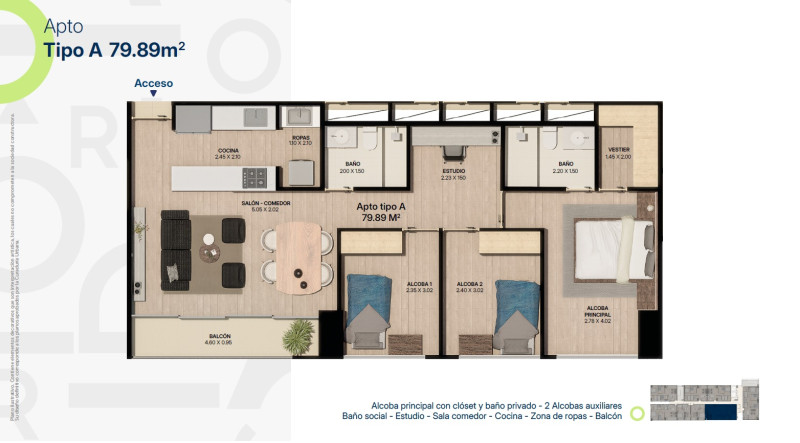 TIPO A, Area Total: 79.82 M2