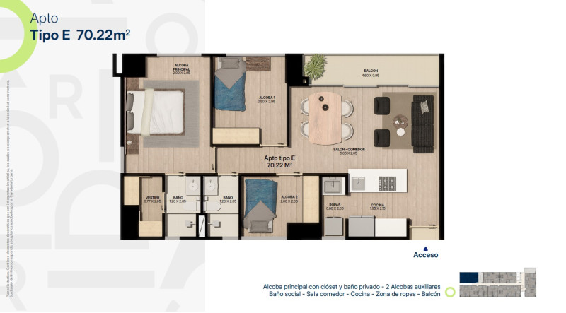 TIPO E, Area Total: 70.22 M2