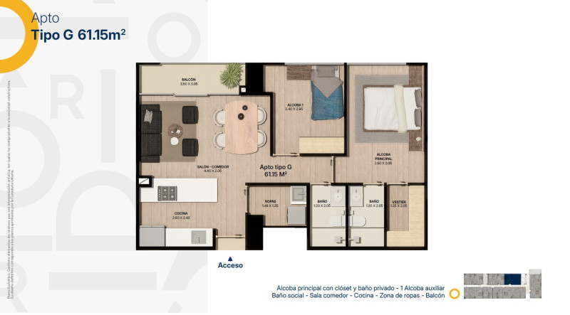 TIPO G, Area Total: 61.15 M2