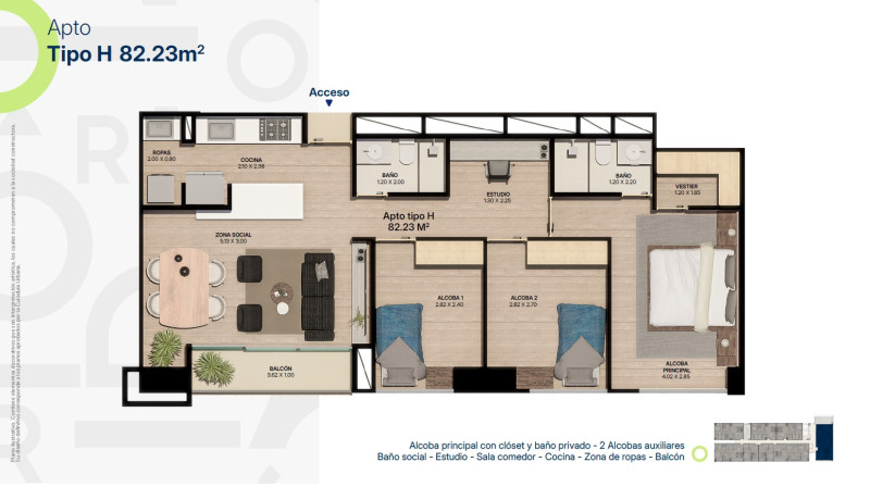 TIPO H, Area Total: 82.23 M2