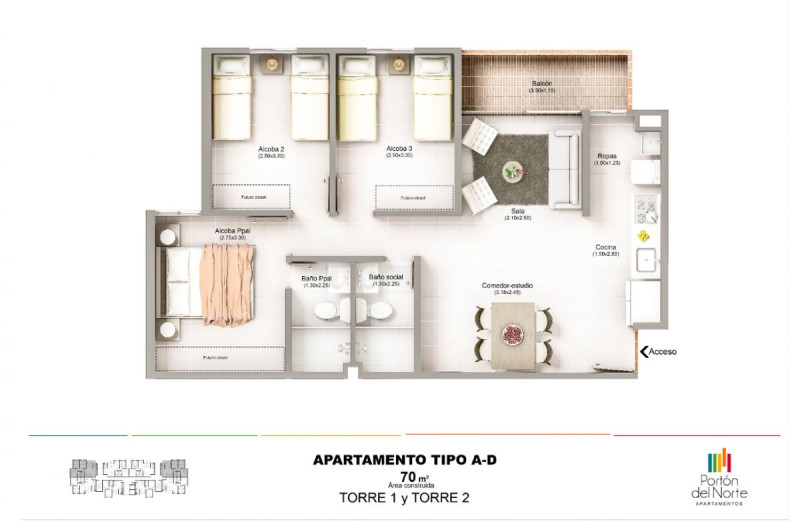 TORRE 2 TIPO A - D, Area Total: 70 m2