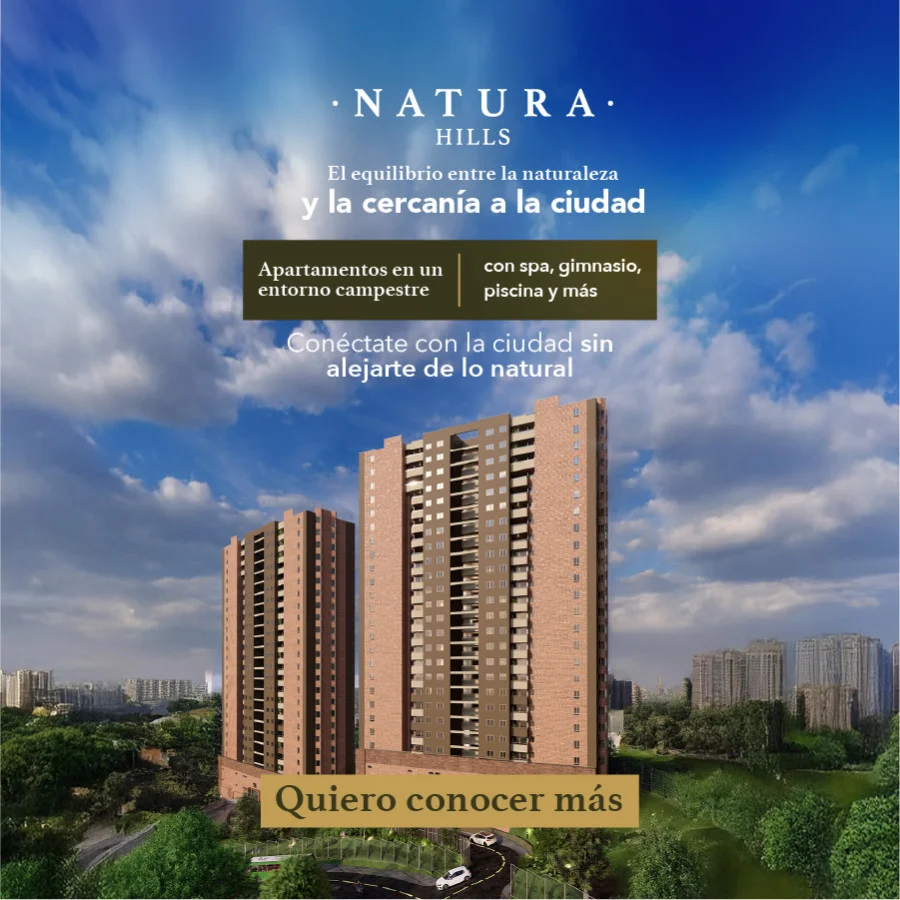 Banner cuadrado del proyecto Natura Hills con torres residenciales y el mensaje apartamentos en entorno campestre