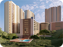 Render arquitectónico diurno de conjunto de edificios residenciales con zonas verdes y piscina