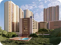 Render arquitectónico diurno de conjunto de edificios residenciales con zonas verdes y piscina