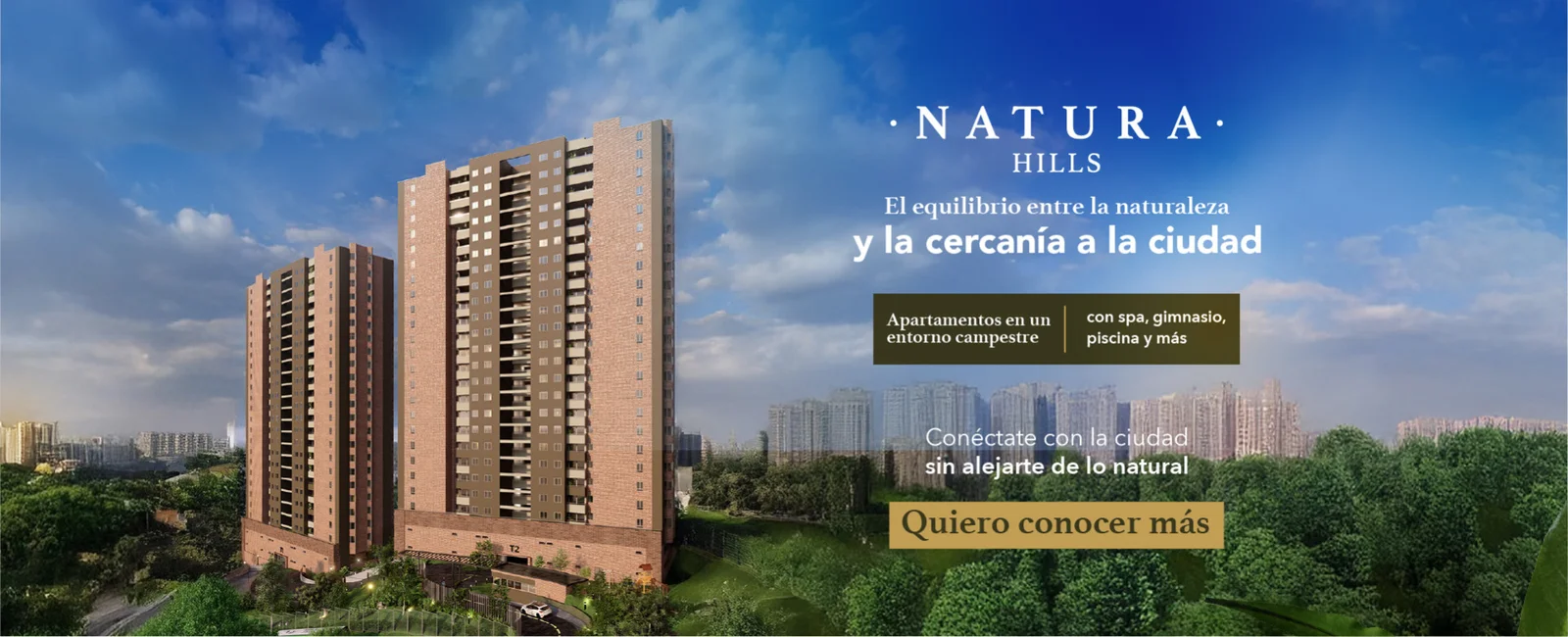 Banner del proyecto Natura Hills con torres residenciales y cielo azul, apartamentos en entorno campestre