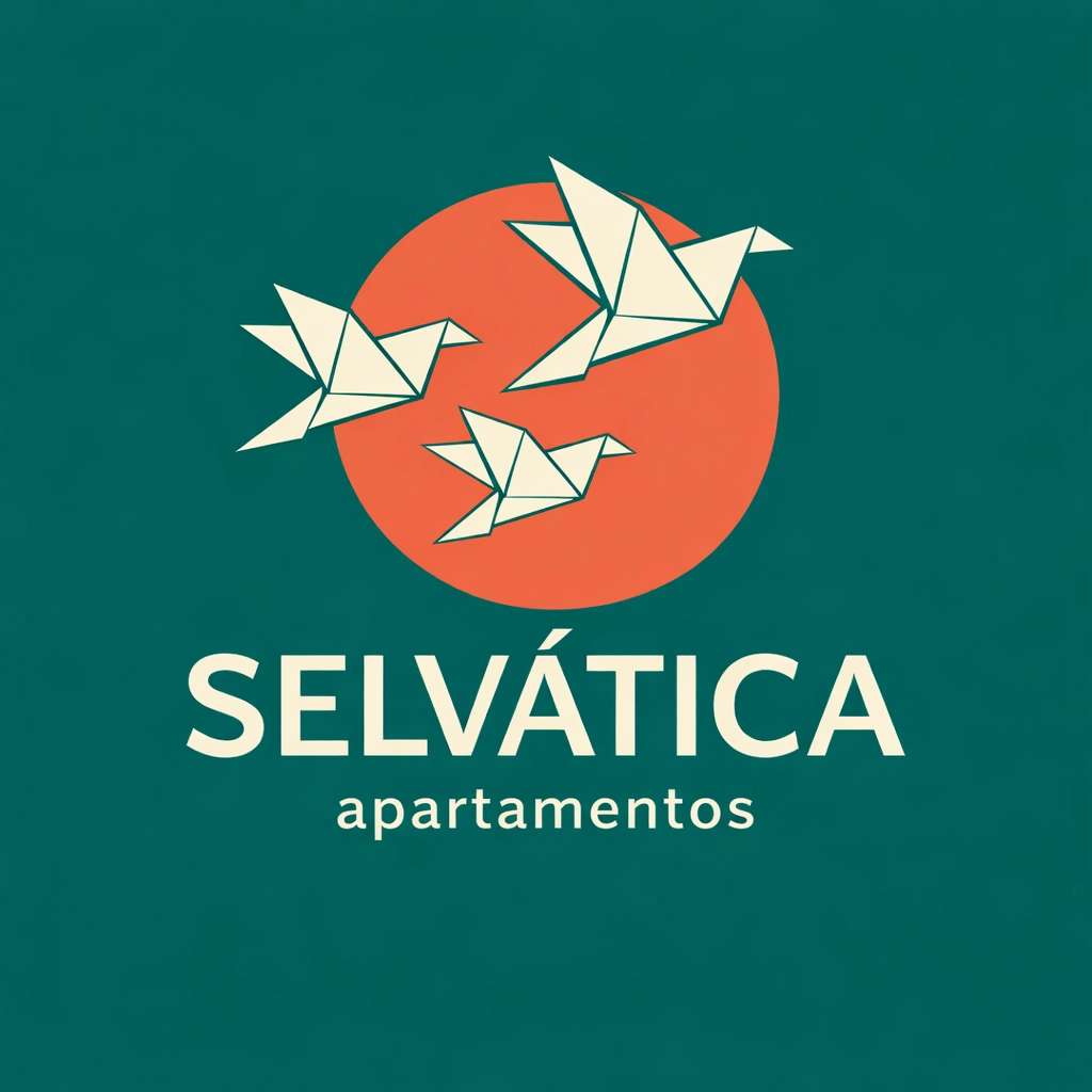 Logotipo de Selvática Apartamentos con aves de origami sobre círculo naranja y fondo verde
