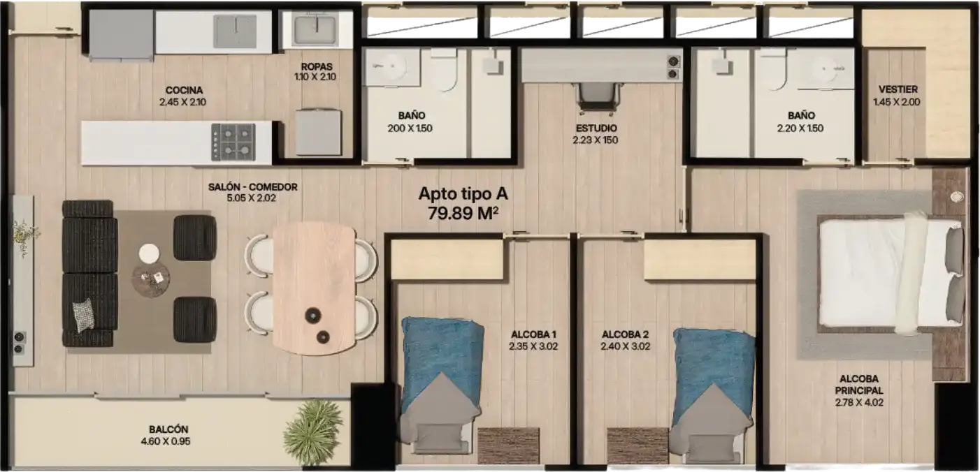 Plano de apartamento tipo A de 79.89 m² con tres alcobas, estudio, dos baños, vestier y balcón