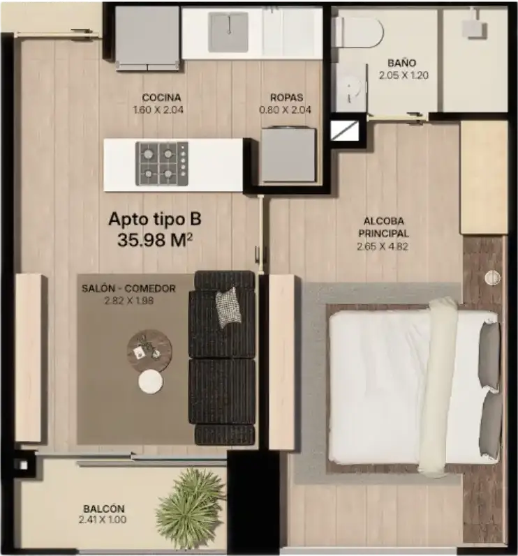 Plano de distribución del apartamento tipo B de 35.98 m² con alcoba principal y balcón