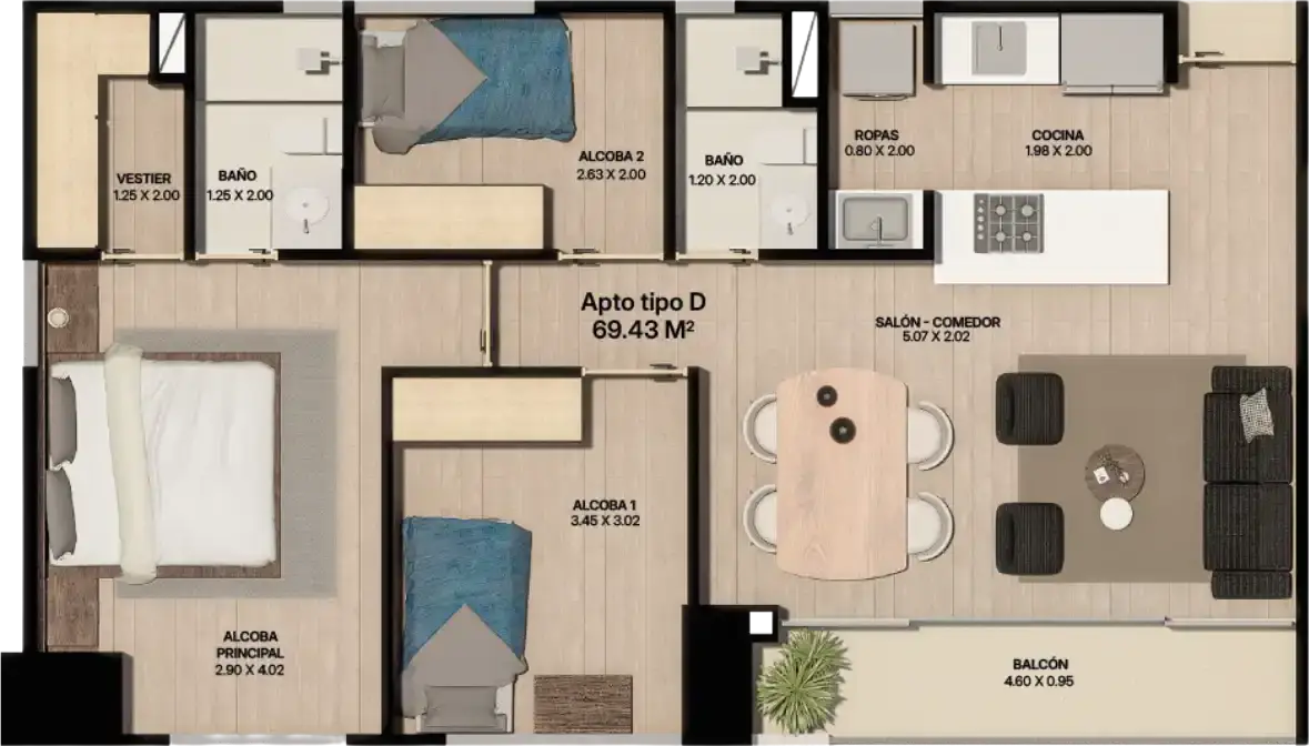 Plano de apartamento tipo D de 69.43 m² con dos alcobas, vestier, dos baños y balcón