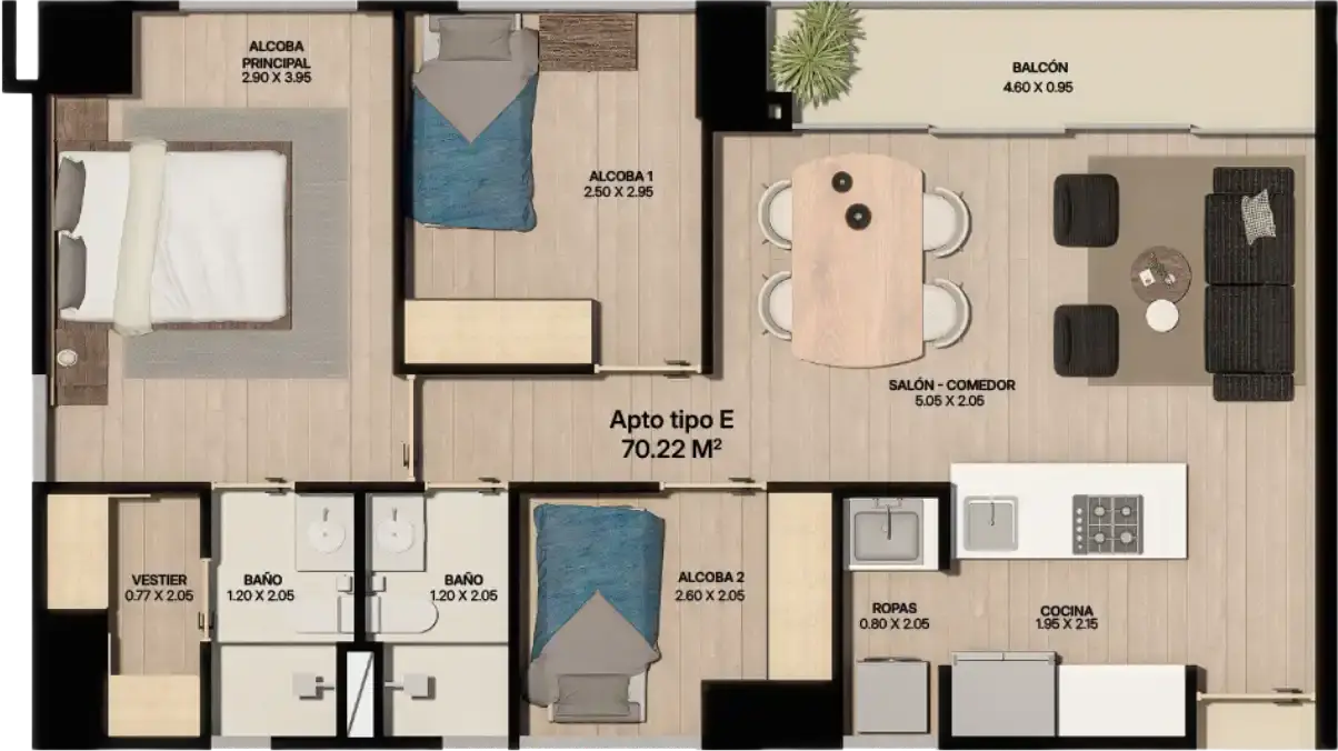 Plano de apartamento tipo E de 70.22 m² con dos alcobas, vestier, dos baños y balcón