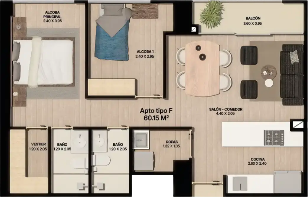 Plano de apartamento tipo F de 60.15 m² con dos alcobas, vestier, dos baños, sala comedor y balcón