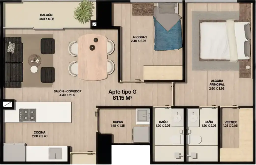 Plano de apartamento tipo G de 61.15 m² con alcoba principal, alcoba secundaria, dos baños y balcón