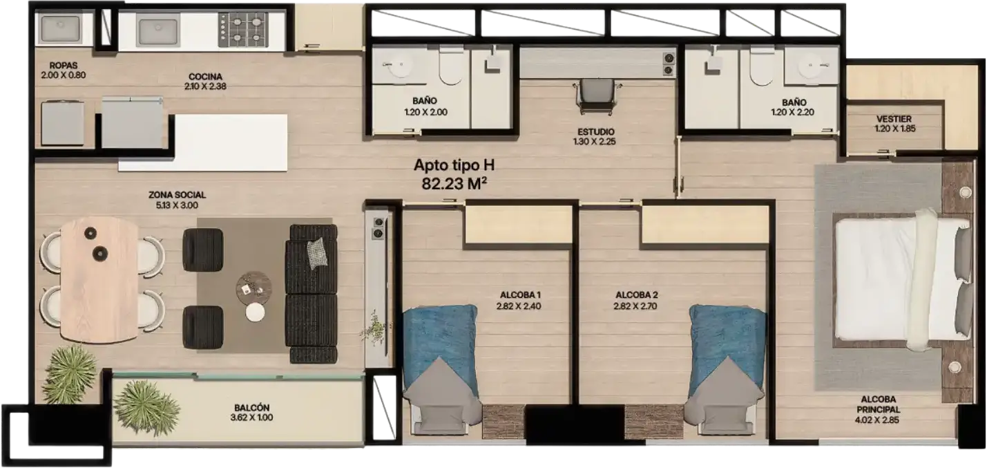 Plano de distribución del apartamento tipo H de 82.23 m² con dos alcobas, estudio y vestier