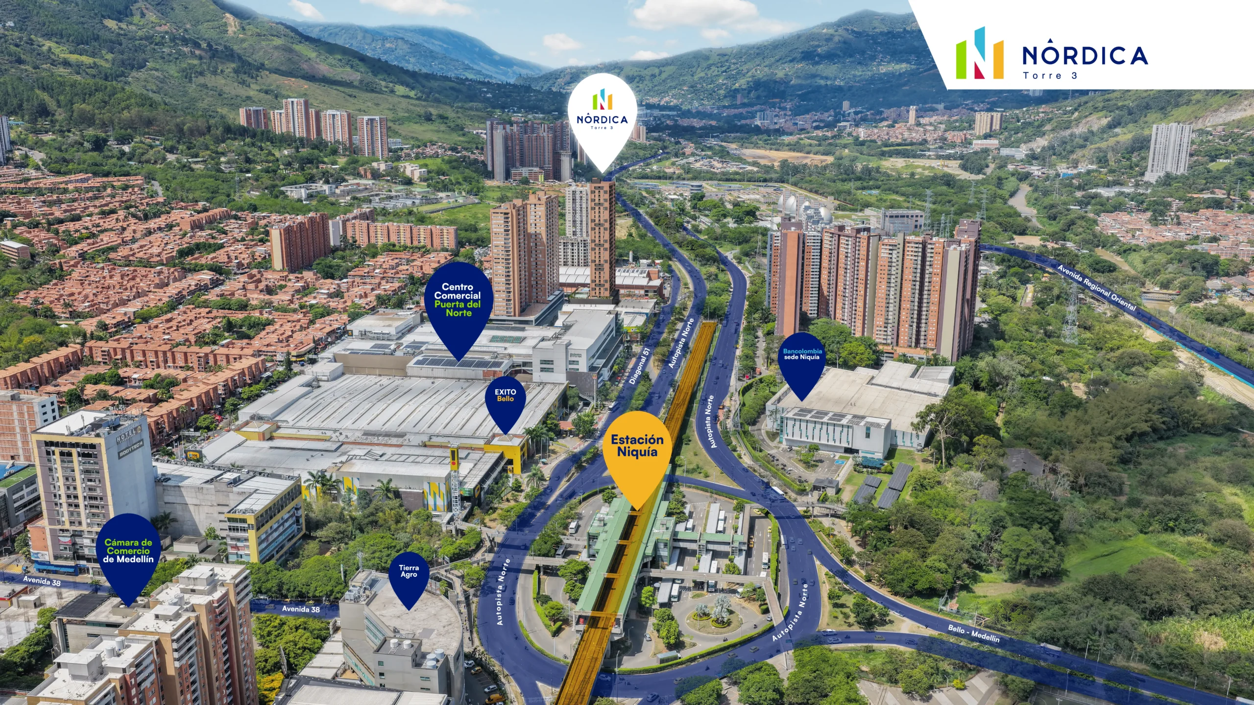 Vista aérea panorámica de la ubicación de Nórdica Torre 3 entre montañas y la ciudad, con puntos de interés cercanos.